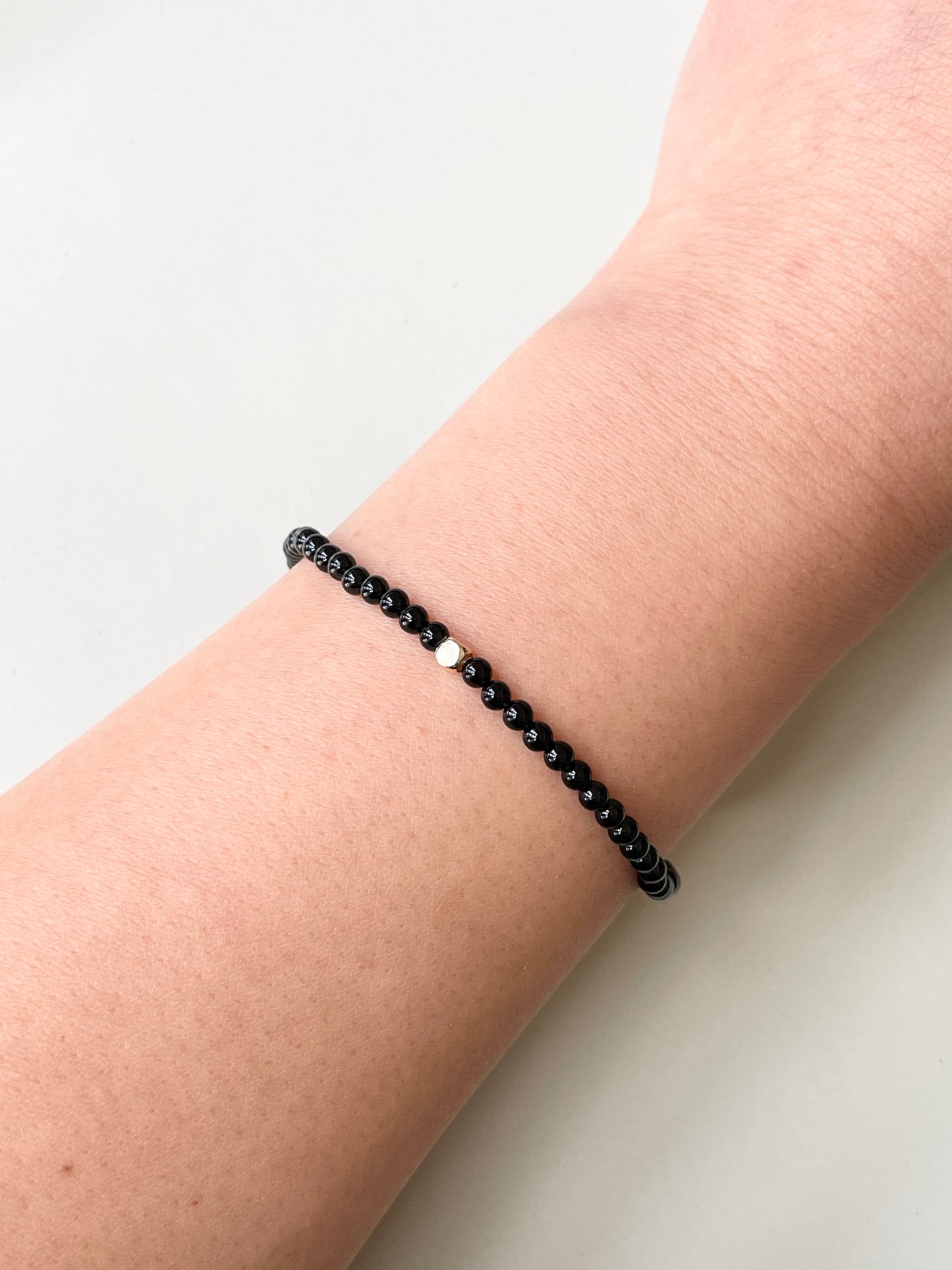 Dainty Black Onyx Bracelet, Single Gold Accent, For Protection