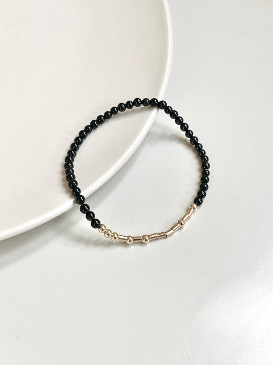 Strong in Morse Code Bracelet with Black Onyx and Gold Filled Accents