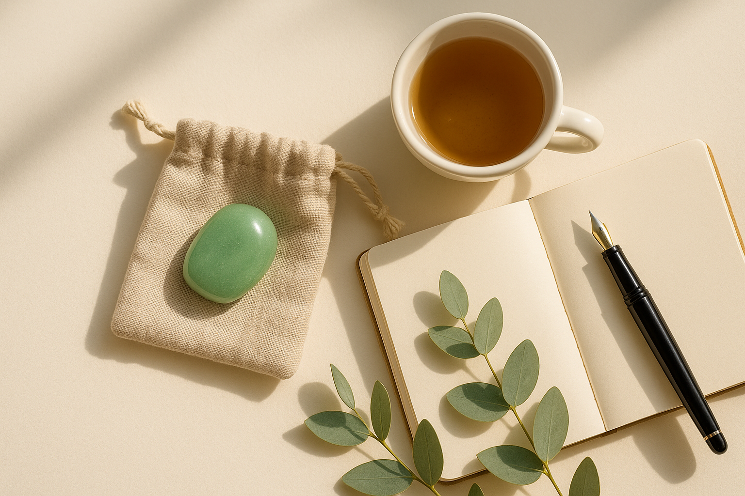 flat lay of smooth light green aventurine tumbled stone in a neutral linen pouch, styled with a ceramic cup of tea, open journal, and eucalyptus sprig, soft natural morning light