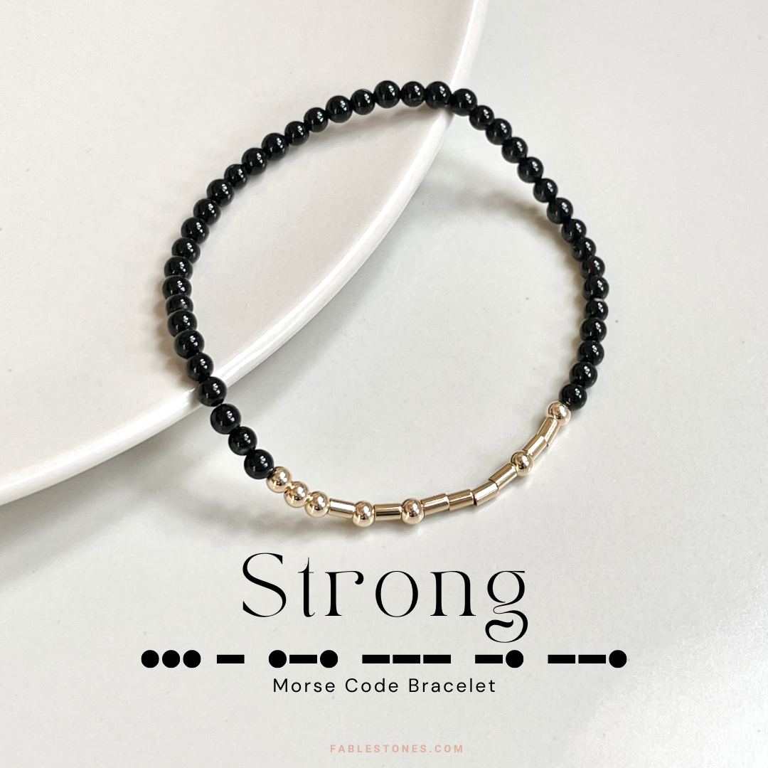 Strong in Morse Code Bracelet with Black Onyx and Gold Filled Accents