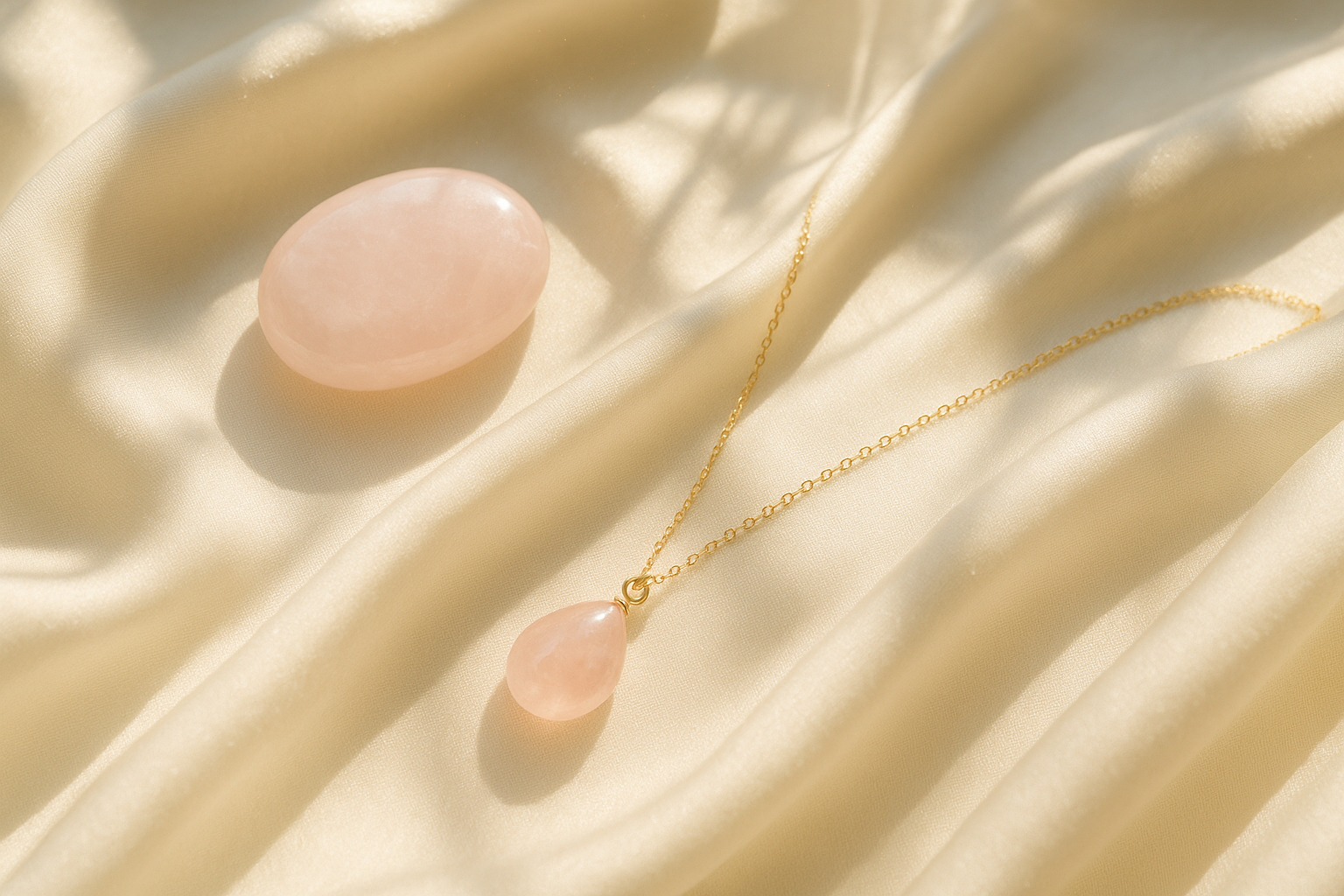 Rose quartz worry stone and delicate gold-filled necklace  arranged on ivory silk fabric, with sunlight flowing into the room