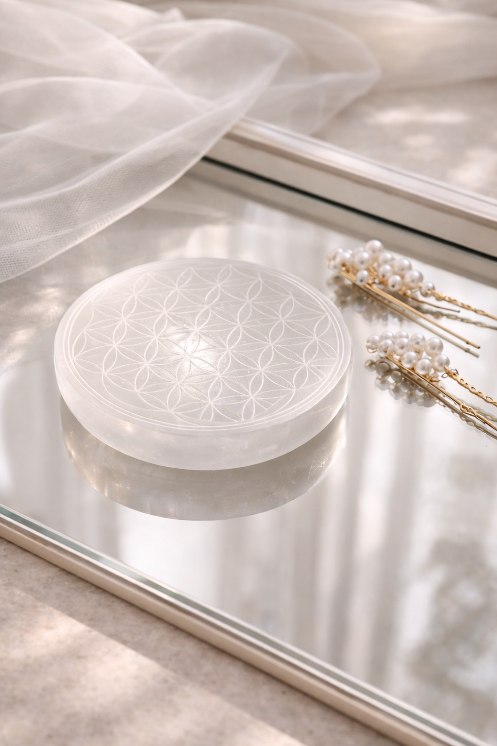 Selenite Ritual Plate – Crystal Charging & Jewelry Cleansing Disc Fable Stones